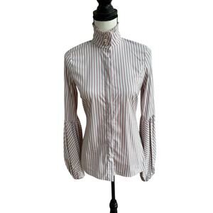 Caroline Constas Striped High Neck Puff Sleeve Blouse Pink White Women’s S
